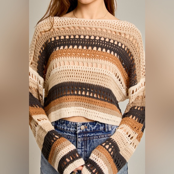 Multicolor Striped Crochet Knit Sweater Top - Picture 5 of 6